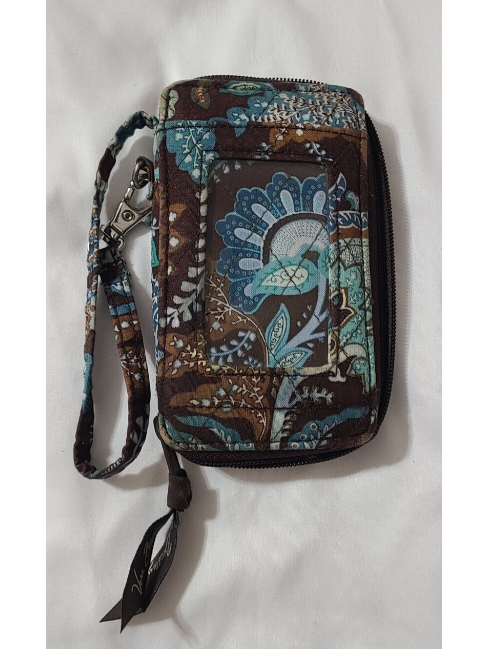 Vera Bradley Carry It All Quilted Wristlet Java Brown & Blue Paisley Zip Retired